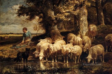 Charles Emile Jacque Painting - A Shepherdess With Her Flock animalier Charles Emile Jacque
